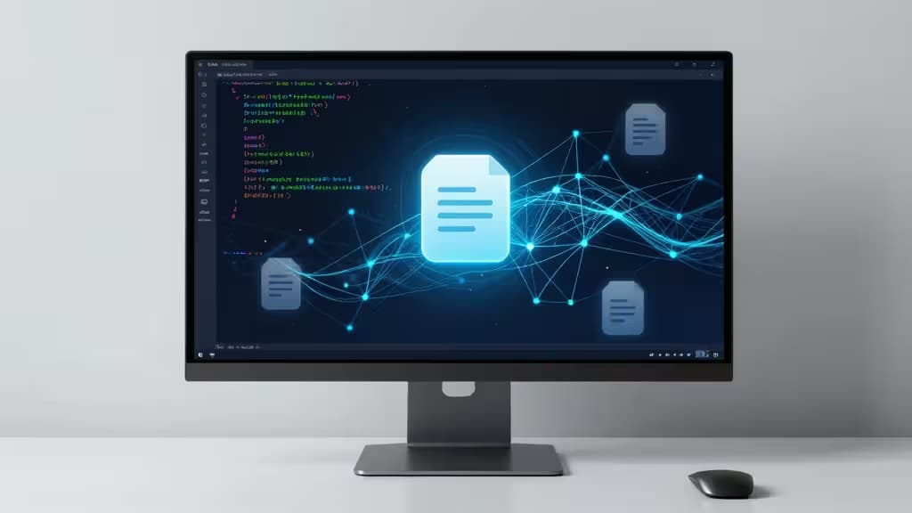 A sleek monitor displays glowing code documentation icons connected by neural network lines.