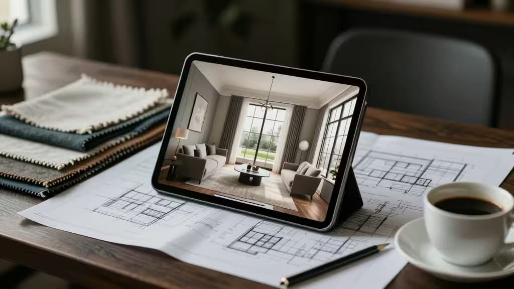 Tablette affichant un concept de salon généré par IA sur le bureau d'un designer, entourée de plans et d'une tasse de café