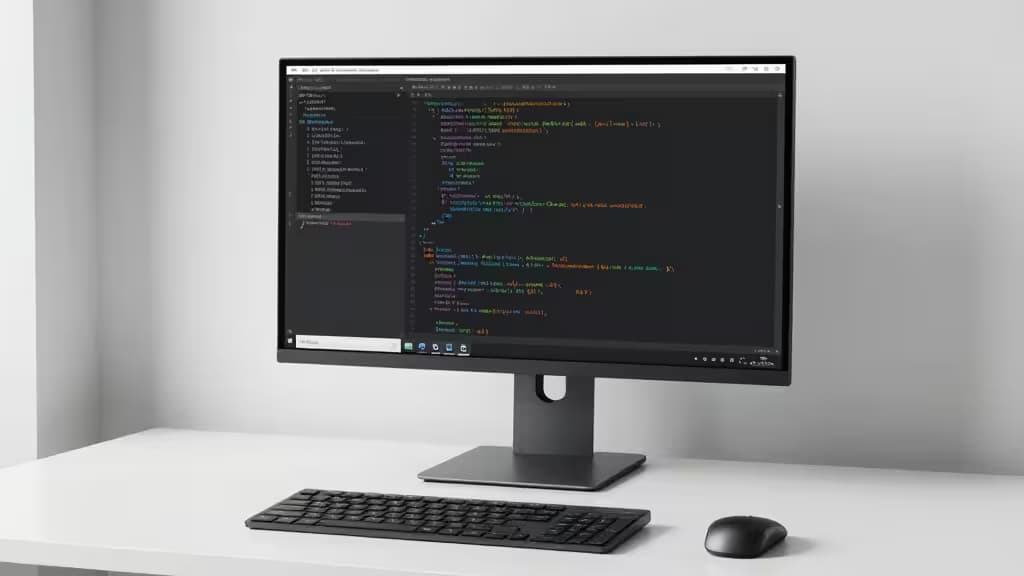 A sleek 4K monitor displays code on a minimalist white desk with keyboard and mouse.