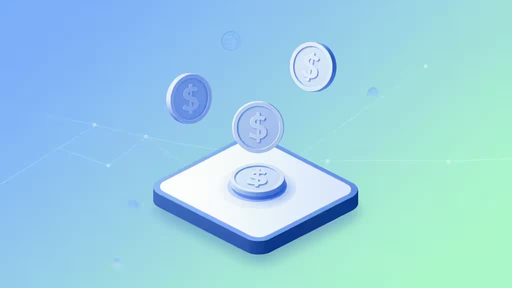 Abstracte fintech-illustratie met een smartphone, meerdere valuta en netwerklijnen in blauw-groene tinten, passend bij digitaal zakelijk bankieren zonder vaste kosten.