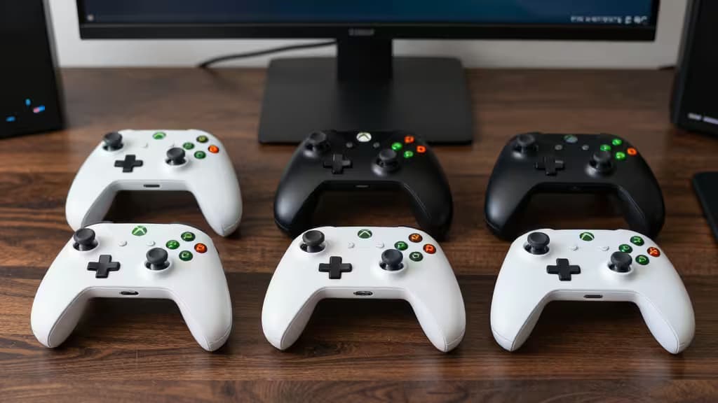 Six Xbox controllers in white and black, arranged on wood desk before monitor.