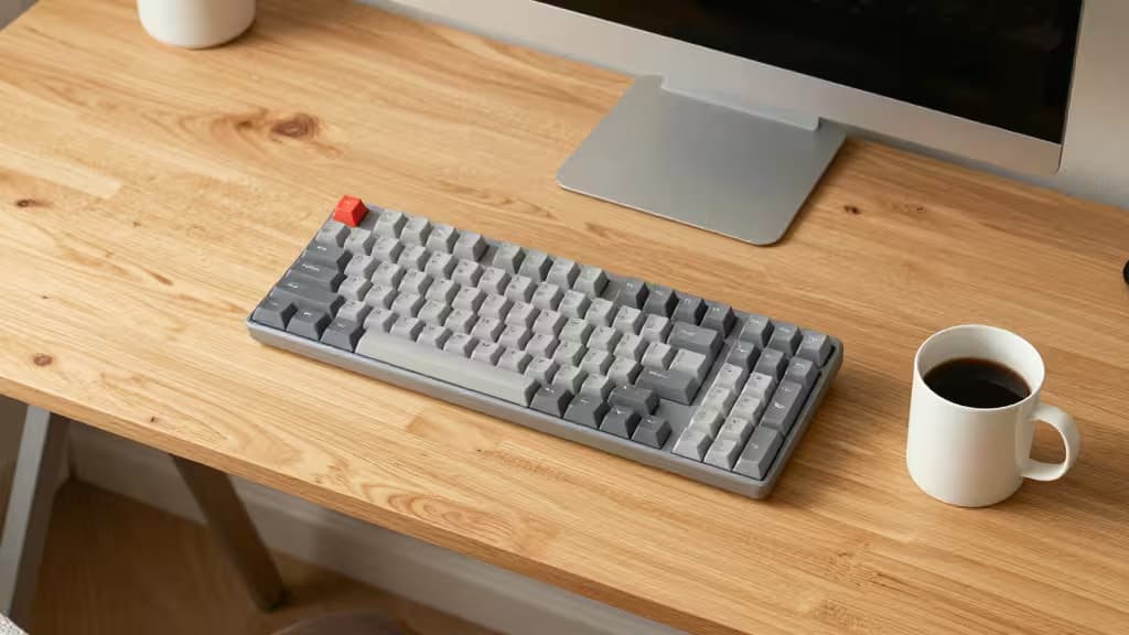 Low-profile mechanical keyboard with red escape key sits on light wood desk beside coffee mug.