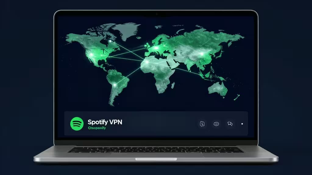 Laptop displays glowing world map with Spotify VPN interface, highlighting global connectivity.