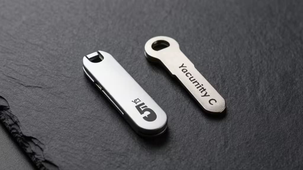 Two YubiKey security keys rest on a dark slate surface, showcasing sleek metal design and branding.