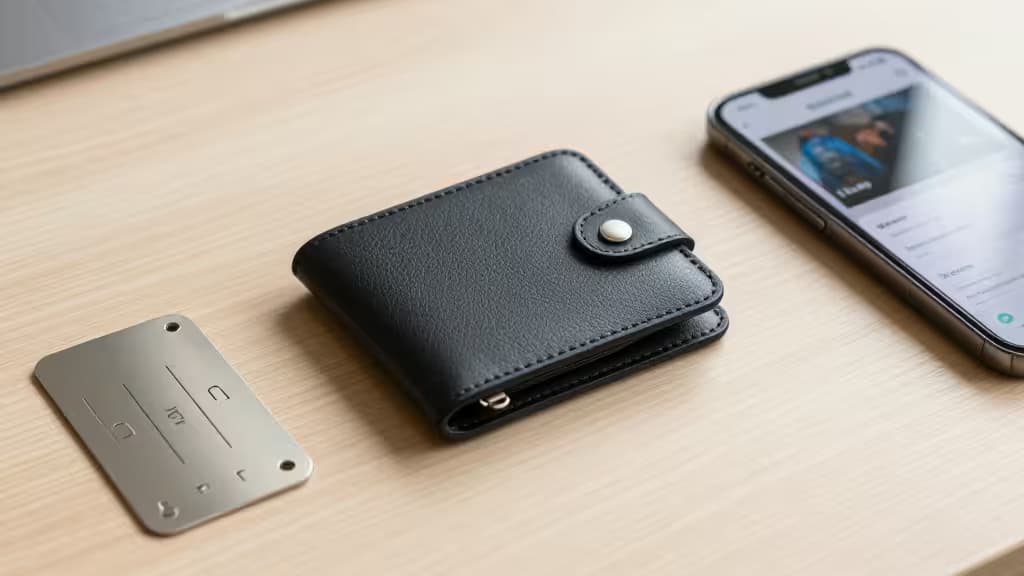 Black leather wallet, metal seed plate, and smartphone on wood surface.