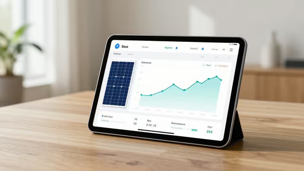 Tablet displays solar energy dashboard on wooden table with blurred home background.