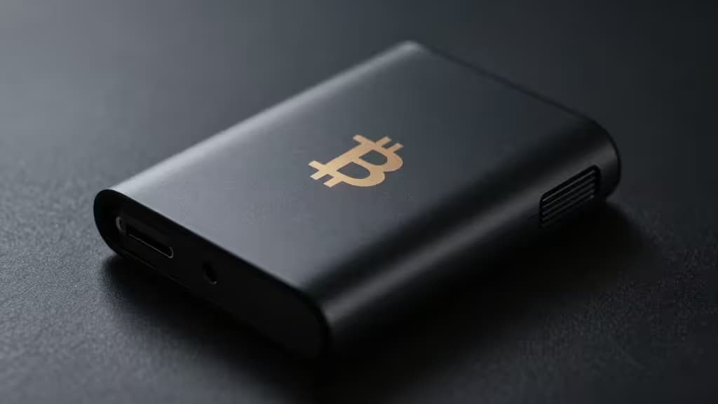 Cartera hardware de color negro mate con el símbolo de Bitcoin iluminado sobre una superficie oscura, fotografía editorial minimalista con iluminación dramática.