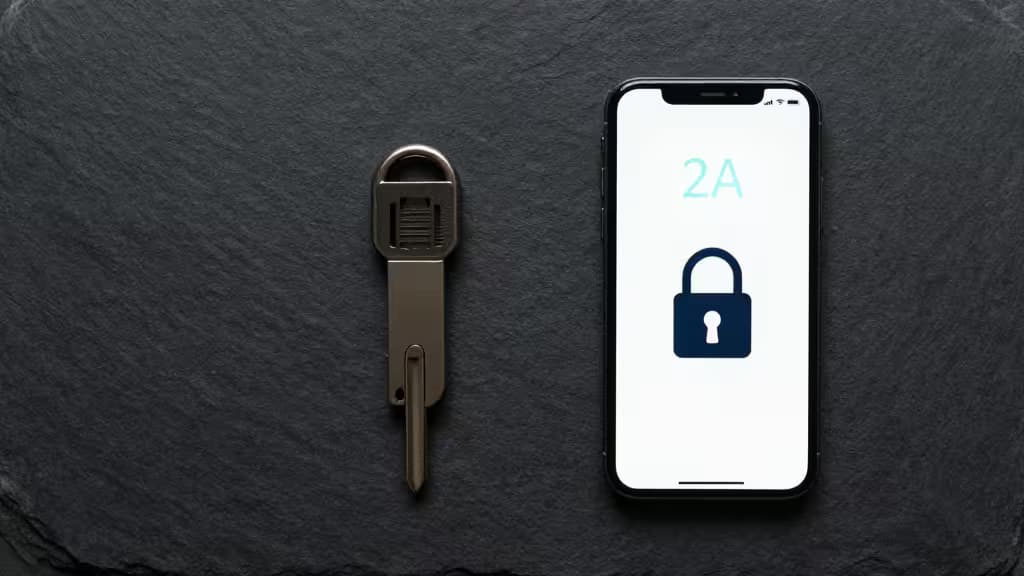 A smartphone displaying a 2FA code and lock icon sits beside a metallic security key on dark slate.