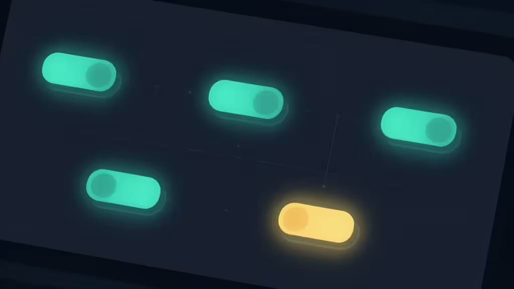Abstract illustration of feature flag toggles on a developer dashboard with glowing switches in teal and amber.