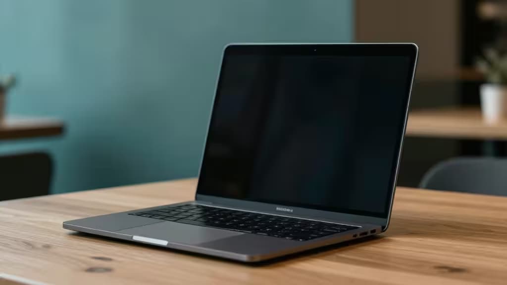 Laptop sobre una mesa de cafetería con filtro de privacidad que oscurece la pantalla desde ángulos laterales