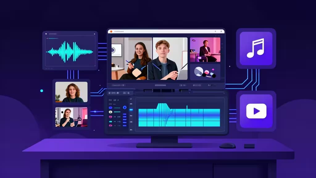 Abstract illustration of a YouTube creator's AI-powered workflow desk with floating video clips, audio waveforms, thumbnail designs, and music notes connected by glowing circuit lines.
