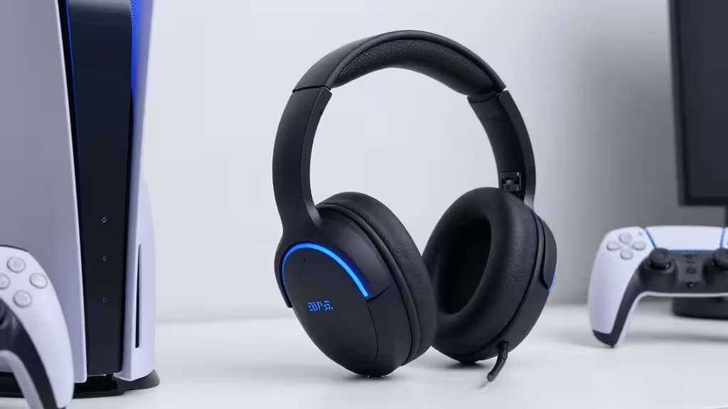 Cuffie gaming over-ear nere con LED blu, posizionate accanto a una console PS5 e al controller DualSense.