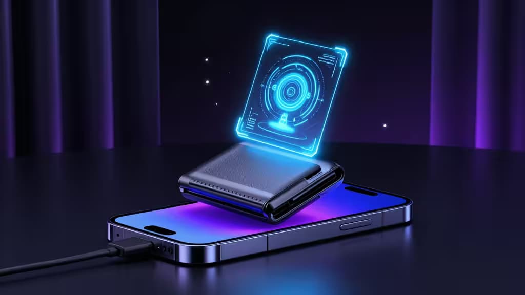 Sleek black hardware wallet rests on smartphone, glowing blue hologram displays crypto interface.