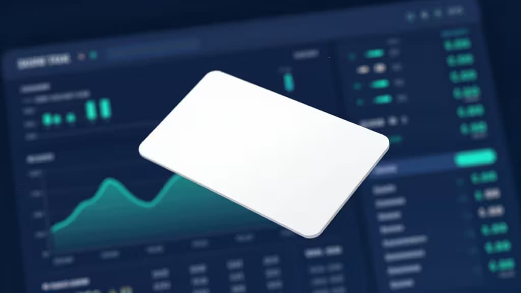 Composizione astratta di carte aziendali moderne sopra una dashboard finanziaria con grafici di spesa in tempo reale