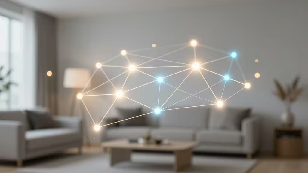 Glowing mesh nodes connect in a modern living room, illustrating Thread Border Router integration for Matter smart homes.