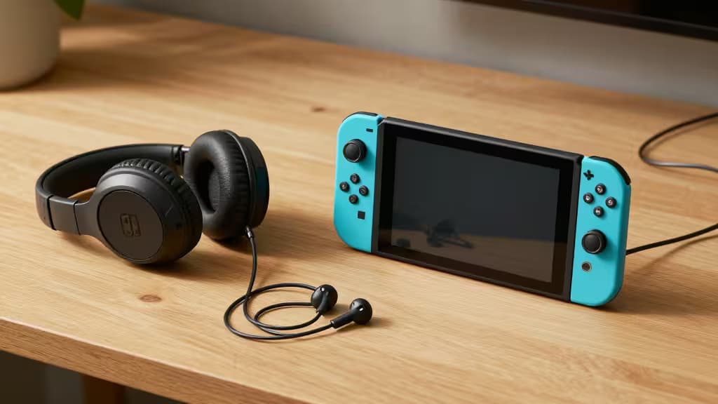 Black over-ear headphones and wired earbuds rest beside a turquoise Nintendo Switch console on a light wood desk.