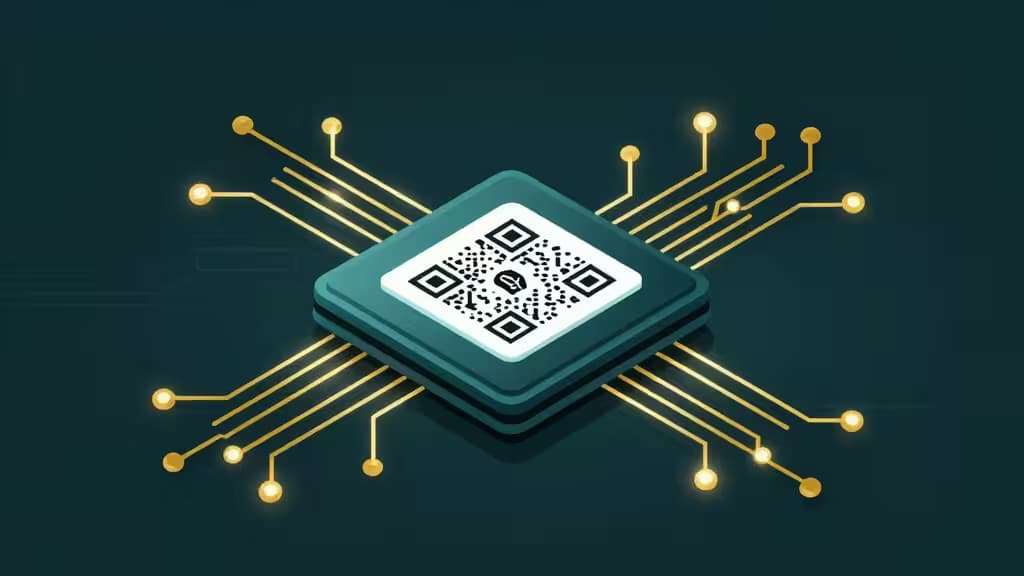 Glowing teal hardware wallet chip displays a QR code, connected by golden circuit lines against a dark background.