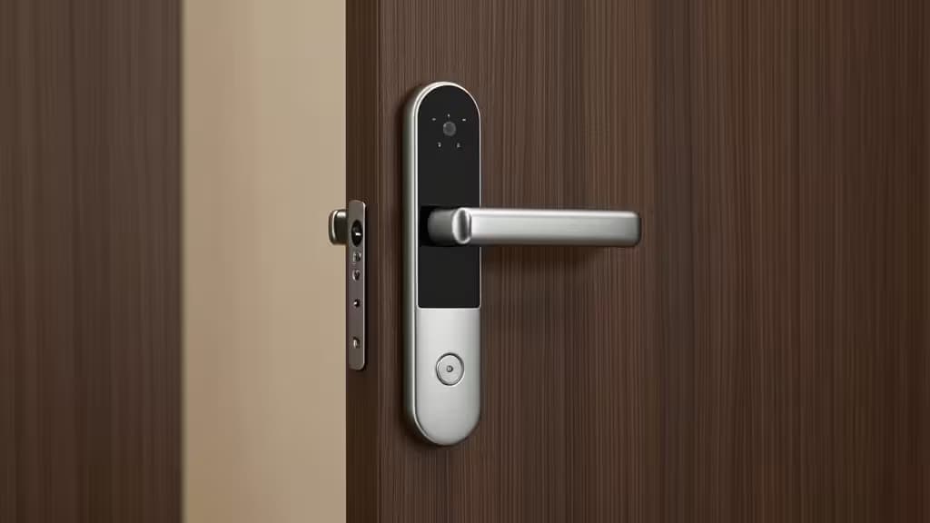 Serrure connectée élégante en acier brossé sur porte bois, design moderne et sécurisé.