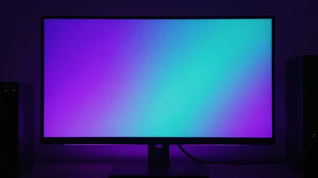 Des bandeaux LED RGB derrière le moniteur projettent des teintes vibrantes de violet et de bleu, renforçant l'atmosphère immersive d'une salle de gaming dans une pièce sombre.