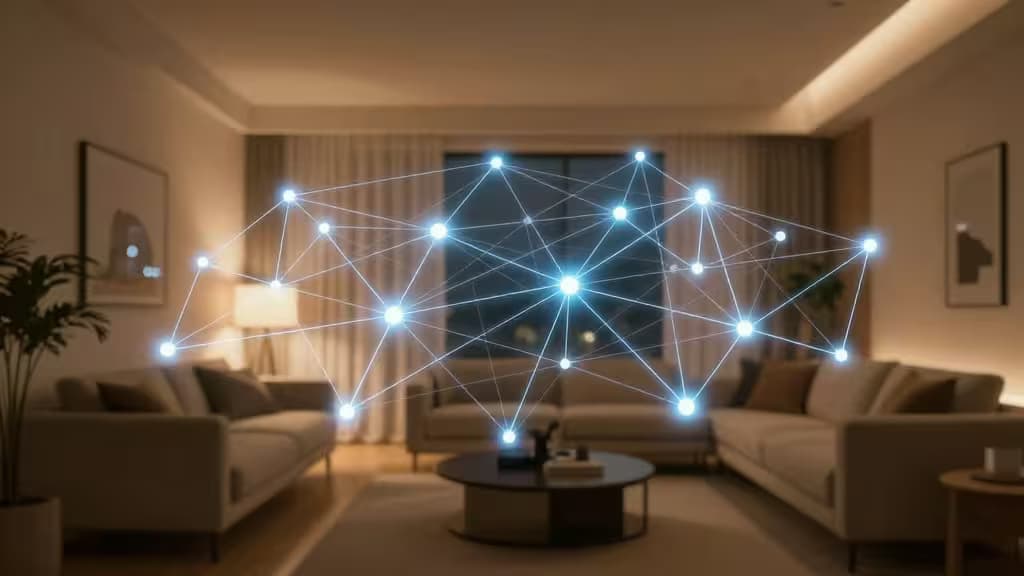 Abstract visualization of a smart home mesh network with glowing interconnected nodes spanning a modern living space.