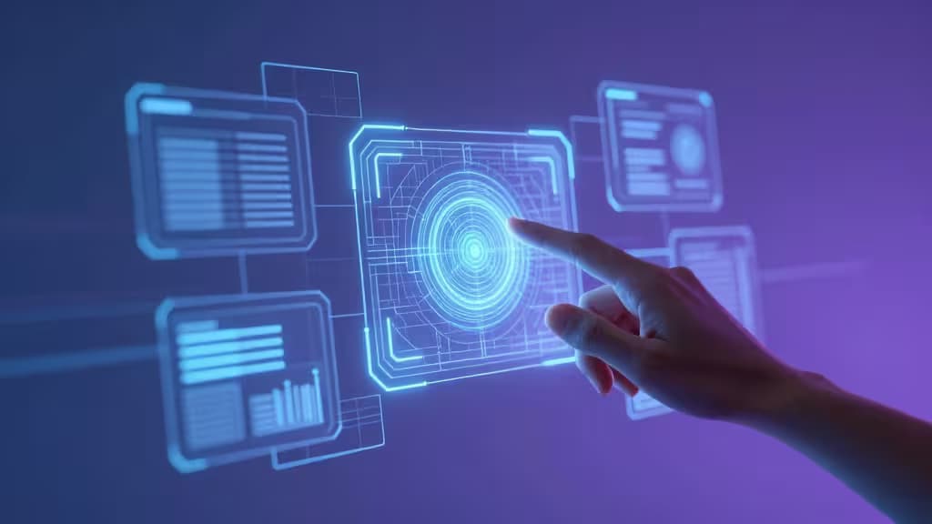 A hand interacts with glowing blue holographic UI panels in a futuristic digital workspace.