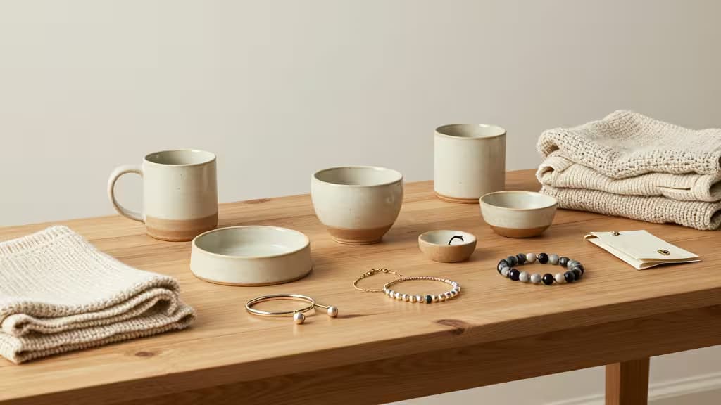 Atelier d'artisan avec des produits faits main — céramiques, textiles et bijoux — disposés sur un établi en bois sous un éclairage de studio doux.