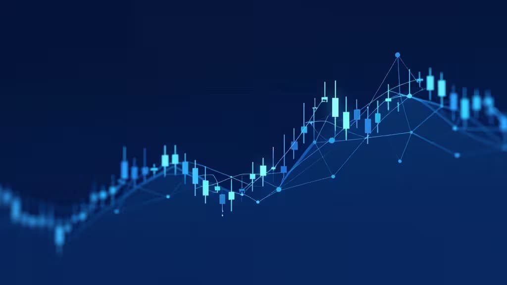 Grafico a candele blu digitale che visualizza le tendenze del mercato delle criptovalute per gli exchange statunitensi nel 2025.