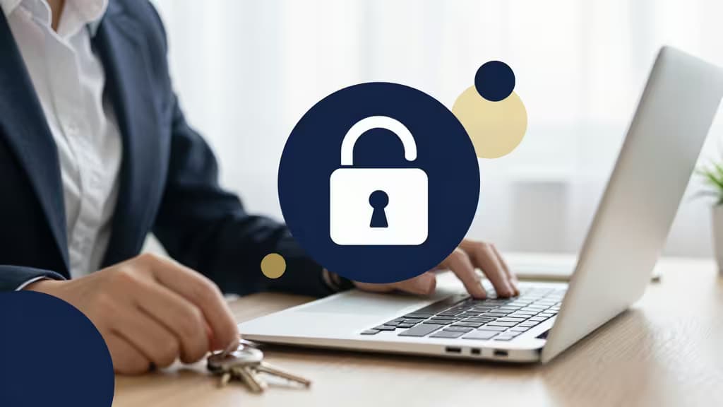 A professional in a suit types on a laptop, with a prominent padlock icon symbolizing security.