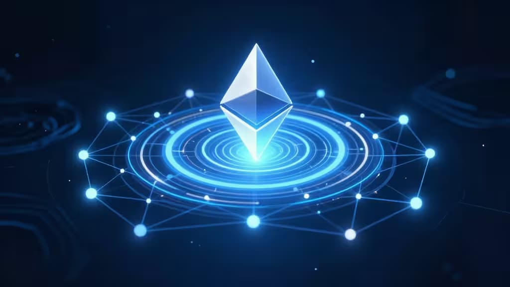 Visualizzazione astratta del restaking su Ethereum: nodi luminosi interconnessi formano una rete mesh attorno a un diamante ETH centrale che irradia anelli concentrici di luce.