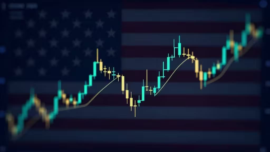 Blurred US flag background with sharp teal and gold crypto candlestick chart overlay, symbolizing US-focused fintech trading growth in 2026.
