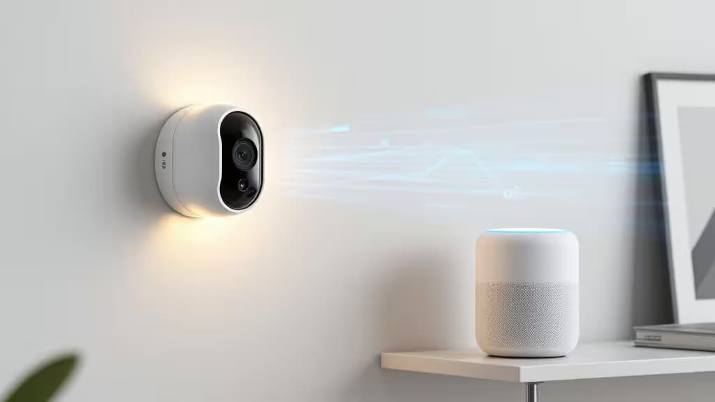 A minimalist smart home interior with a sleek white security camera mounted on a wall and a compact smart speaker on a shelf, with subtle blue tones suggesting encrypted data streams.