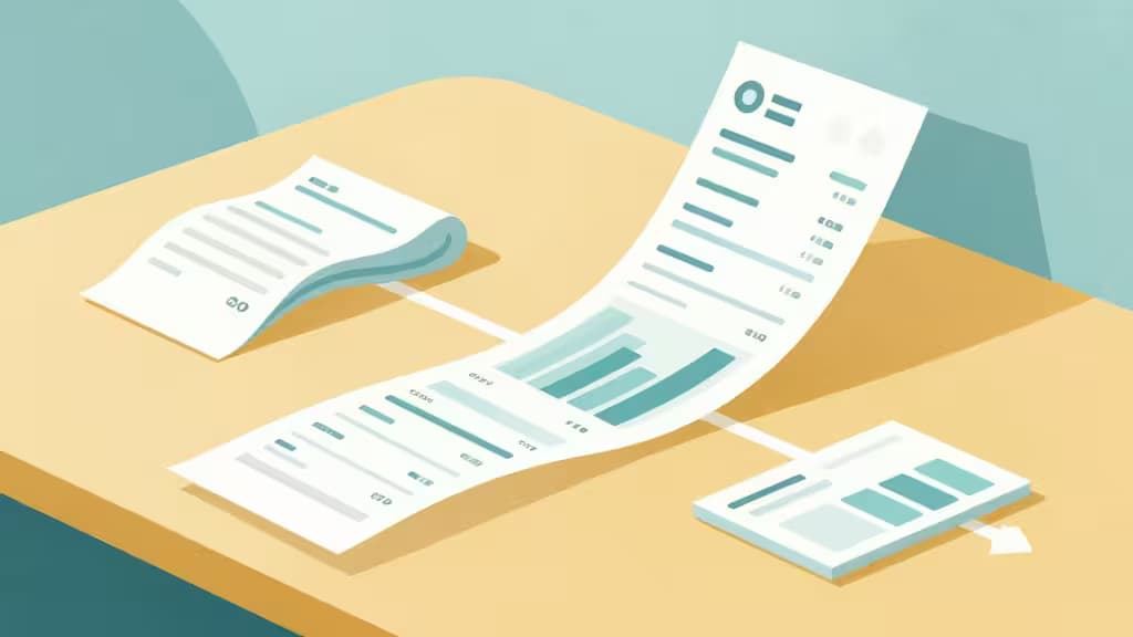 White financial documents with teal charts flow across a yellow desk, symbolizing seamless expense management software integration for agencies.