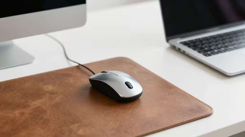 Ratón inalámbrico plateado sobre una alfombrilla de cuero marrón junto a un portátil y monitor en un escritorio minimalista.
