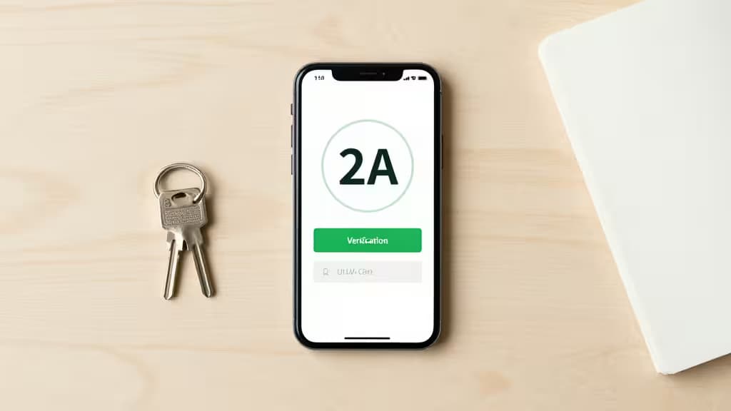 Smartphone displays '2A' code beside metal keys and white notebook on light wood desk.