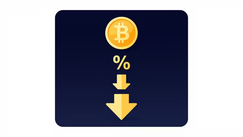 Bitcoin coin above percentage sign and downward arrows on dark blue background, symbolizing low fees.