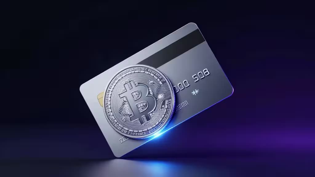 Um cartão de crédito prateado com uma moeda de Bitcoin brilhante repousa sobre uma superfície escura, simbolizando recompensas em cripto em 2025.