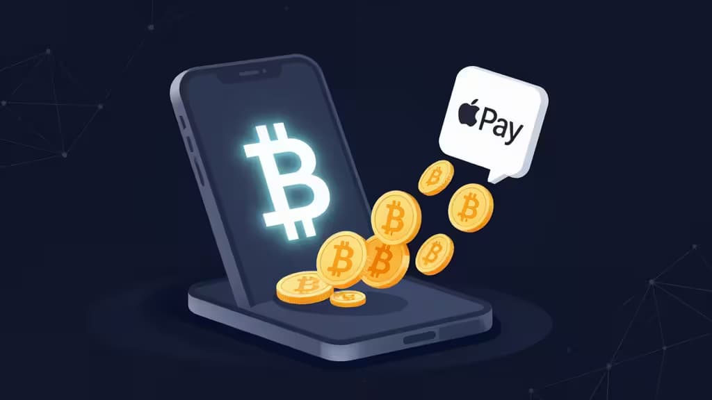Glowing Bitcoin symbol emerges from a smartphone as gold coins spill out beside an Apple Pay speech bubble, illustrating seamless crypto-on-ramp integration.