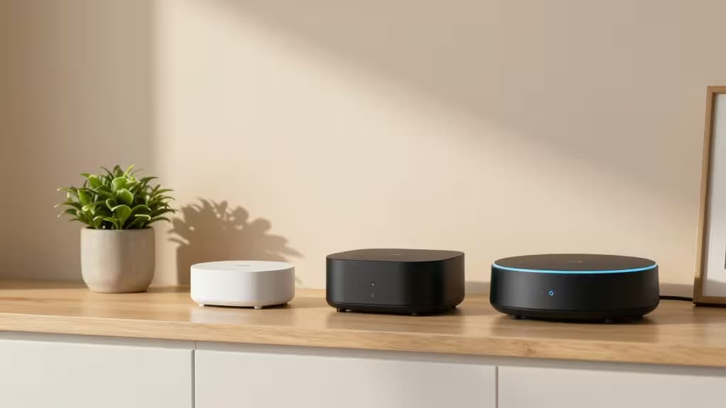 Three smart home hubs—white, black, and blue-lit—sit on a light wood shelf beside a potted plant.