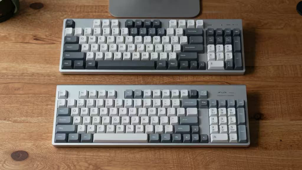 Two gray-and-white ergonomic keyboards rest on a warm wooden desk, showcasing accessible design.