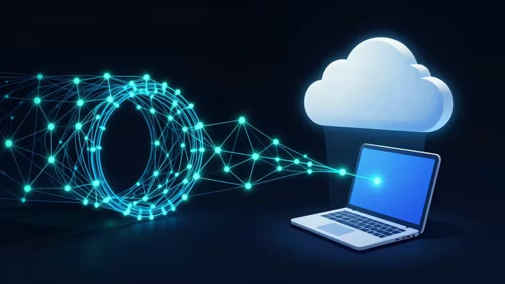 Un tunnel réseau lumineux relie un ordinateur portable à un serveur cloud, symbolisant un accès VPN sécurisé aux outils d'IA.