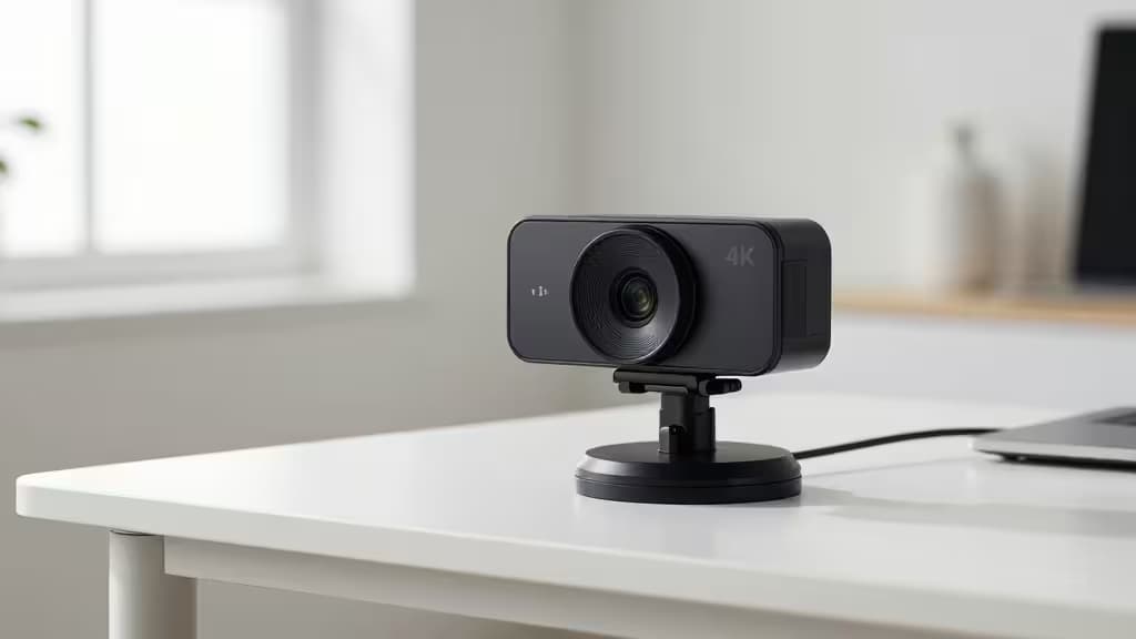 Webcam 4K preta, design minimalista, sobre mesa branca de escritório.