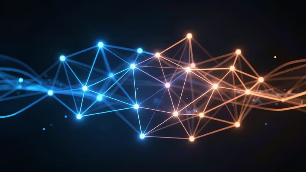 Glowing blue and orange nodes form a dynamic network, symbolizing crypto exchange connections for US users in 2024.