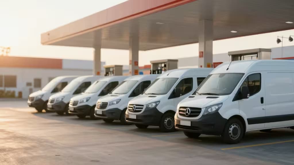 Six fourgons Mercedes-Benz Sprinter blancs alignés sous un abri de station-service, illustrant le ravitaillement de flottes commerciales pour PME.
