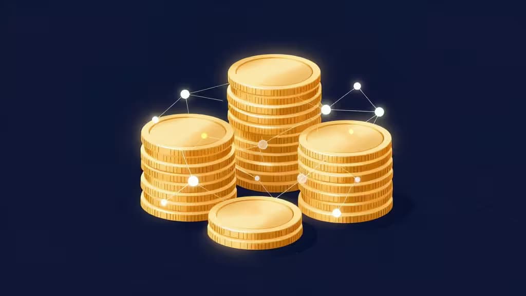 Golden crypto coins stacked with glowing network nodes, symbolizing staking rewards and digital finance.