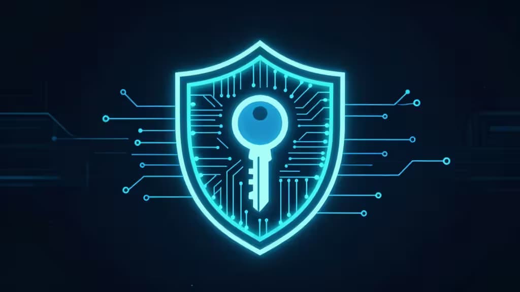 Abstract digital security shield made of glowing circuit patterns protecting a key icon on a dark navy background with electric blue and teal accents