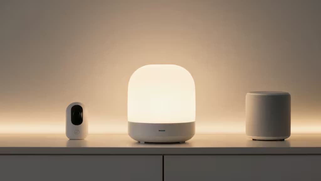 Un hub inteligente iluminado, una cámara de timbre y un altavoz compacto sobre un estante blanco con fondo cálido y luz suave.