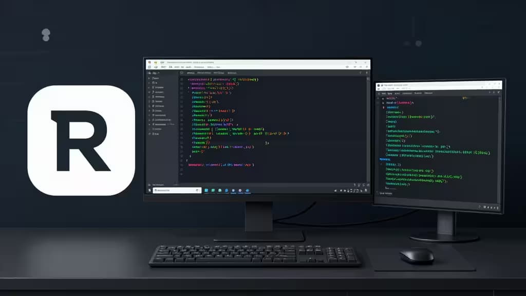 Rust logo beside dual monitors displaying code, keyboard, and mouse on dark desk.