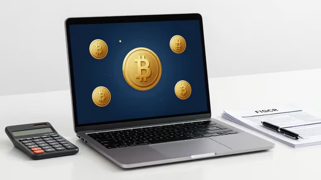 Portátil abierto mostrando gráficos de criptomonedas y NFTs junto a una calculadora y documentos fiscales, representando la declaración de impuestos crypto en 2024