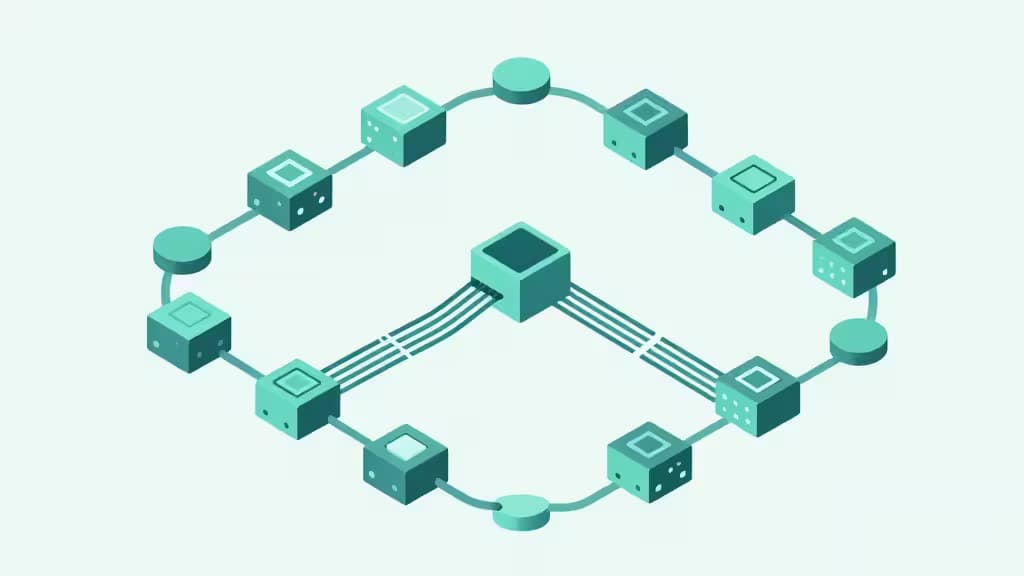 Abstract isometric illustration of data pipeline orchestration with interconnected nodes, flowing data streams, and Kubernetes-style container pods arranged in a directed acyclic graph, in muted teal and slate tones.