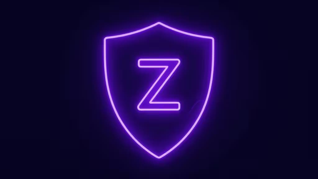 Un bouclier violet néon avec un symbole 'Z' représentant Zcash, sur fond sombre, dans un style cyberpunk minimaliste.